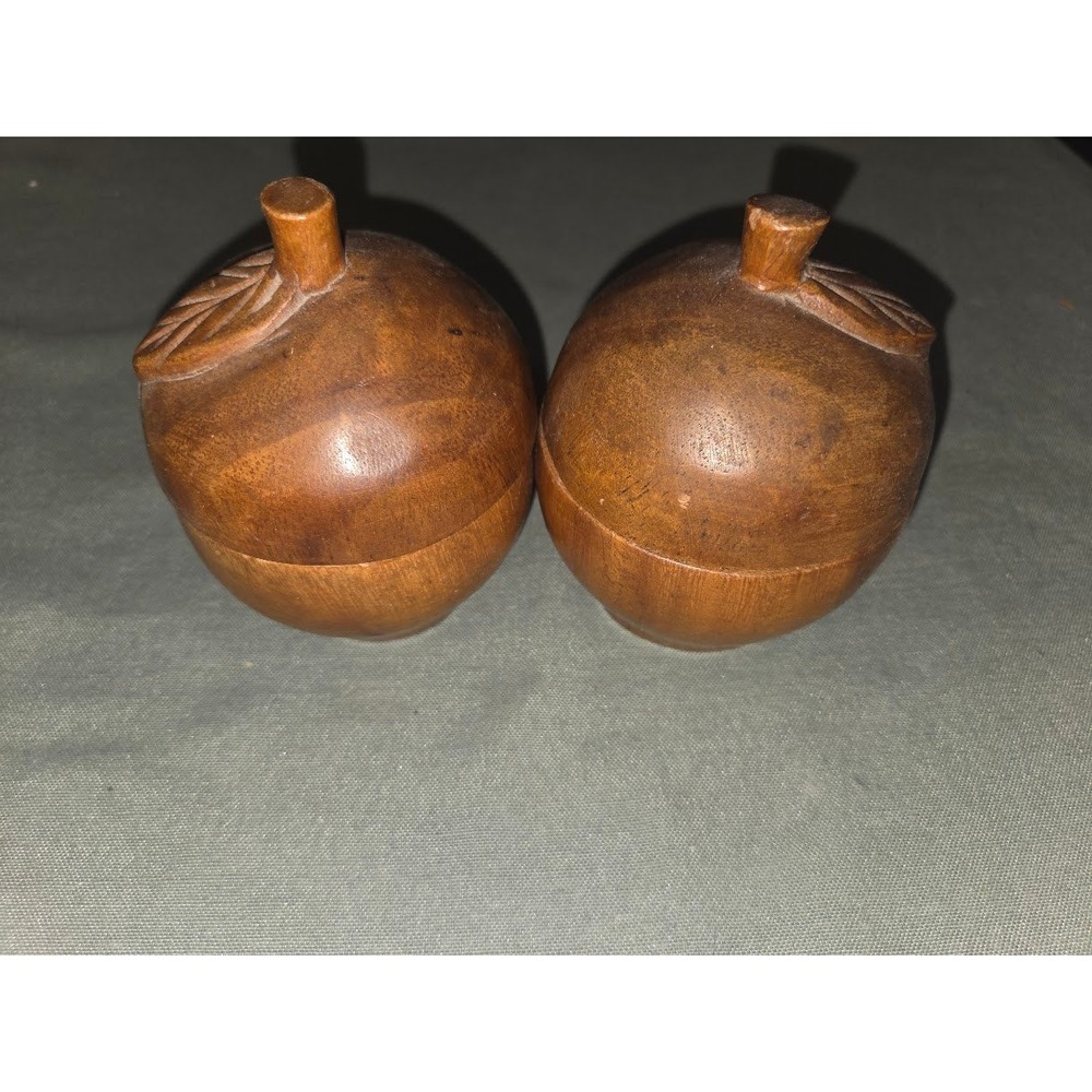 Vintage Hand Carved Wood Apple Trinket Boxes Set of 2 Mid Century Modern Decor